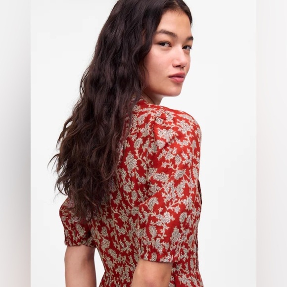 Madewell Pintucked Puff-Sleeve Midi Dress in Red Floral Fall Dress Size 00 NWT - Picture 6 of 15